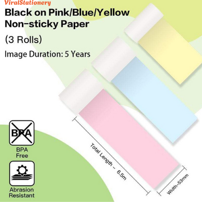 ViralStationery™   Yellow/Pink/Blue Non-Adhesive 5-Year-Lasting Thermal Paper for mini printer丨3 Rolls